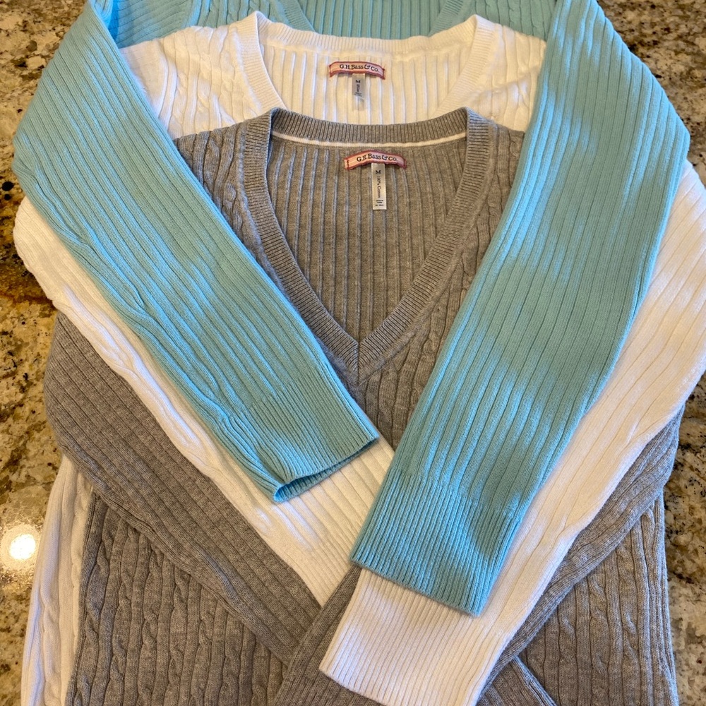G.H. Bass & Co. V-Neck Sweater Triple Bundle Set - Gray, White, and Blue